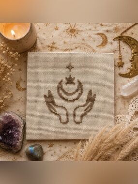 Celestial moon cross stitched canvas handmade
